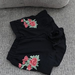 Black Embroidered Ruffled Short Shorts